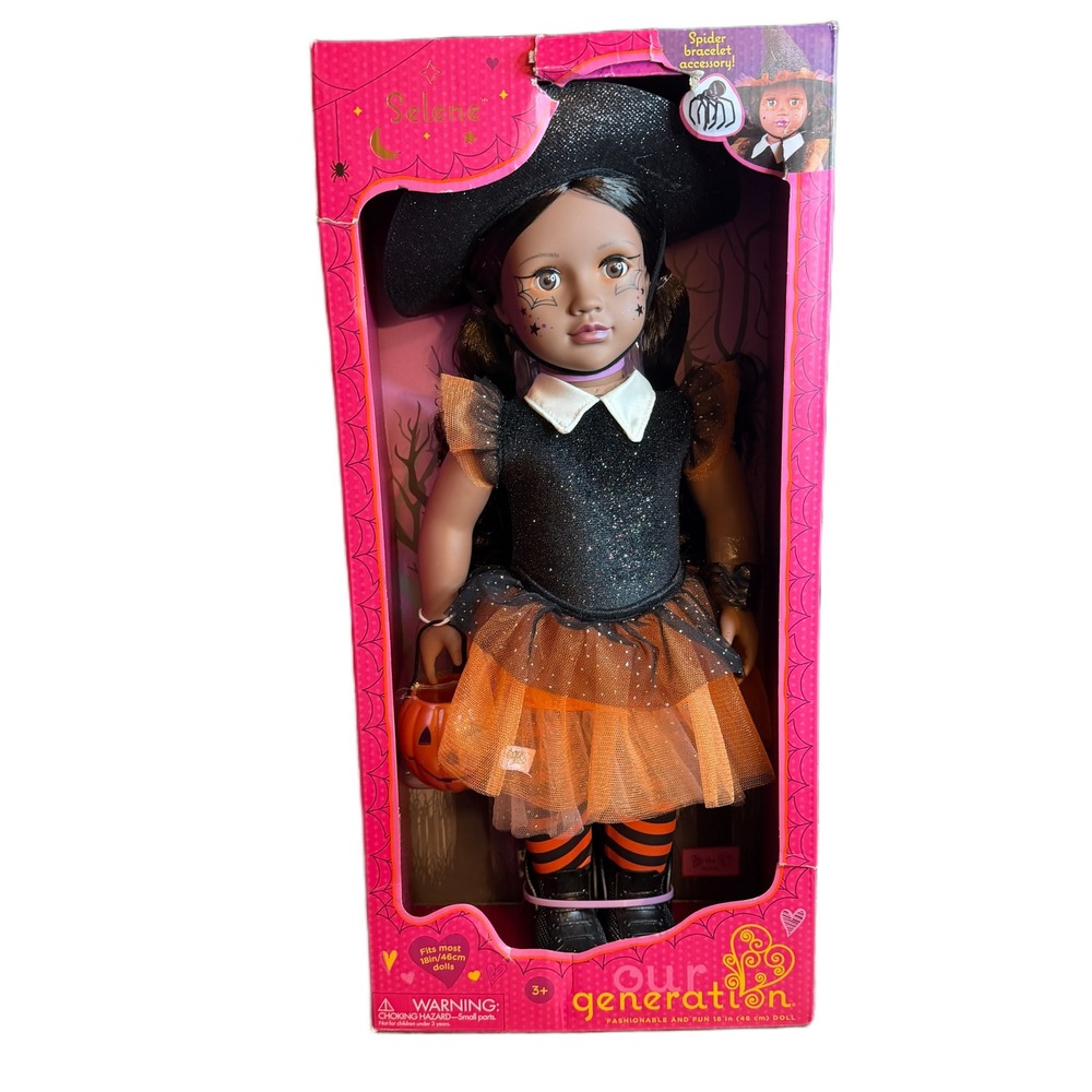 Our Generation Selene 18 inch Halloween Witch Doll Pumpkin Bucket New Box Wear